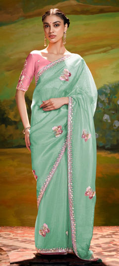 Green color Saree in Tissue fabric with Embroidered, Sequence, Thread work