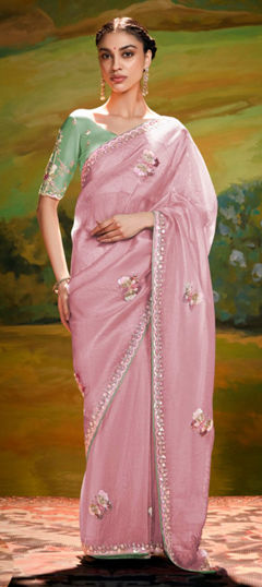 Pink and Majenta color Saree in Tissue fabric with Embroidered, Sequence, Thread work