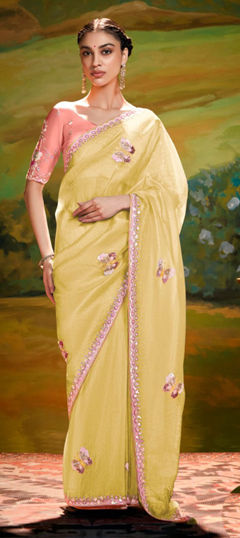 Yellow color Saree in Tissue fabric with Embroidered, Sequence, Thread work