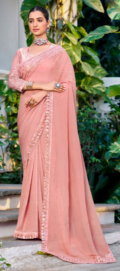 Pink and Majenta color Saree in Crushed Silk fabric with Embroidered, Sequence, Thread work