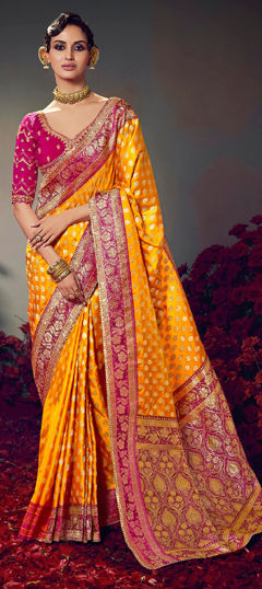 Yellow color Saree in Satin Silk fabric with Lace, Weaving work