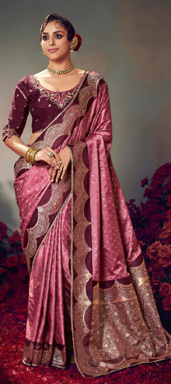 Pink and Majenta color Saree in Satin Silk fabric with Lace, Weaving work