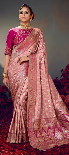 Pink and Majenta color Saree in Satin Silk fabric with Lace, Weaving work