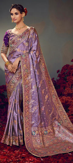 Purple and Violet color Saree in Satin Silk fabric with Lace, Weaving work