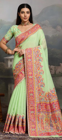 Green color Saree in Cotton fabric with Printed work