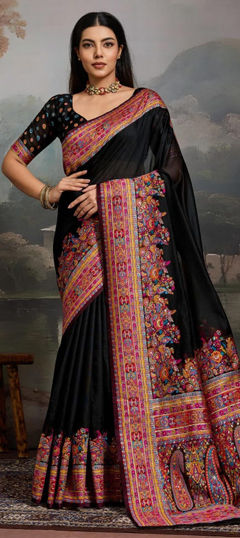 Black and Grey color Saree in Cotton fabric with Printed work