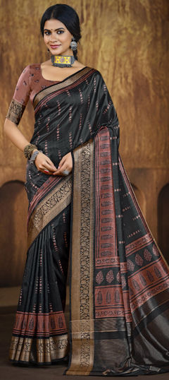 Black and Grey color Saree in Tissue fabric with Weaving work