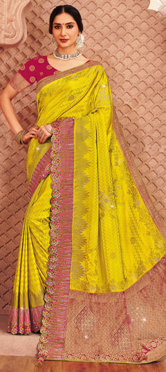 Yellow color Saree in Silk fabric with Border, Embroidered, Sequence, Weaving work