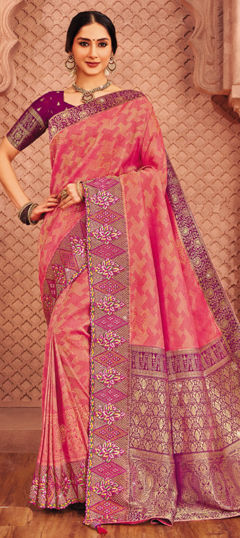 Pink and Majenta color Saree in Silk fabric with Border, Embroidered, Sequence, Weaving work