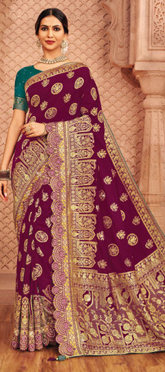 Purple and Violet color Saree in Silk fabric with Border, Embroidered, Sequence, Weaving work