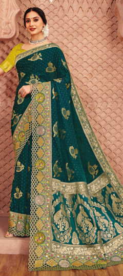 Green color Saree in Silk fabric with Border, Embroidered, Sequence, Weaving work