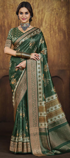 Green color Saree in Tissue fabric with Weaving work