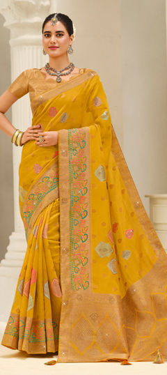 Yellow color Saree in Silk fabric with Stone, Weaving, Zari work