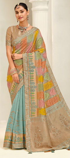 Blue color Saree in Silk fabric with Stone, Weaving, Zari work