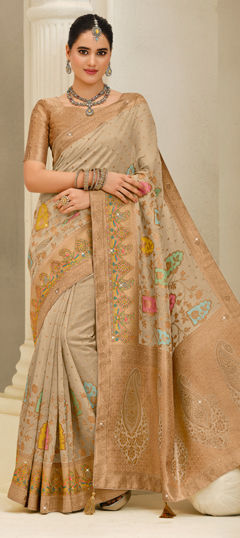 Beige and Brown color Saree in Silk fabric with Stone, Weaving, Zari work