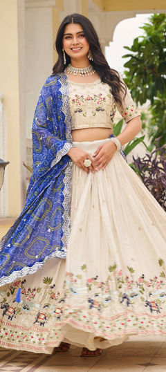 Beige and Brown color Ready to Wear Lehenga in Tissue fabric with Embroidered, Sequence, Thread work