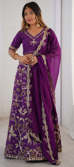 Purple and Violet color Lehenga in Silk fabric with Sequence, Thread, Zari work