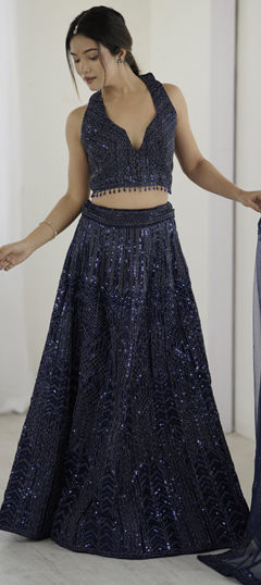 Blue color Lehenga in Net fabric with Sequence, Thread work