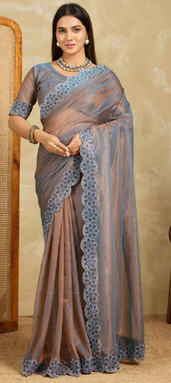 Beige and Brown color Saree in Tissue fabric with Printed work