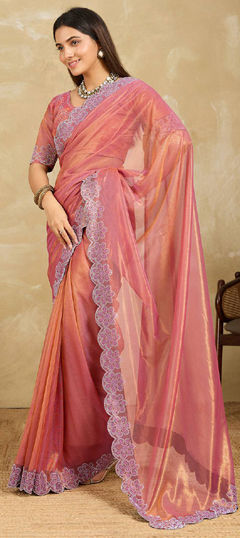 Pink and Majenta color Saree in Tissue fabric with Printed work