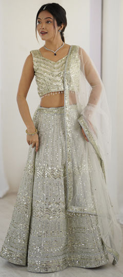 White and Off White color Lehenga in Georgette fabric with Sequence, Thread work