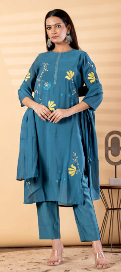 Blue color Salwar Kameez in Mul Chanderi fabric with Embroidered, Resham, Thread work