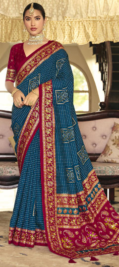 Blue color Saree in Art Silk fabric with Bandhej, Border, Printed work