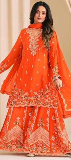 Orange color Salwar Kameez in Chinon Silk fabric with Embroidered, Sequence, Stone, Thread work