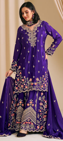 Purple and Violet color Salwar Kameez in Chinon Silk fabric with Embroidered, Sequence, Stone, Thread work