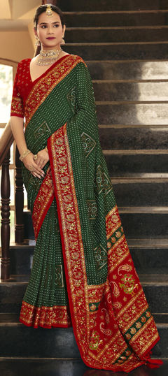 Green color Saree in Art Silk fabric with Bandhej, Border, Printed work