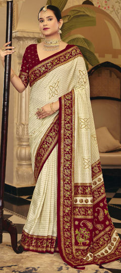 White and Off White color Saree in Art Silk fabric with Bandhej, Border, Printed work