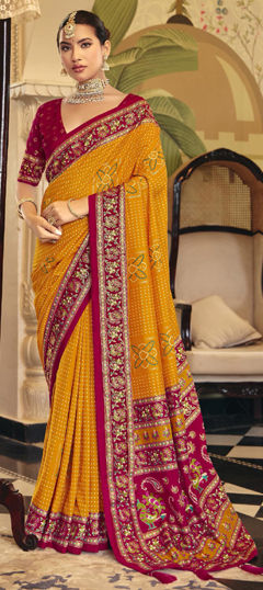 Yellow color Saree in Art Silk fabric with Bandhej, Border, Printed work
