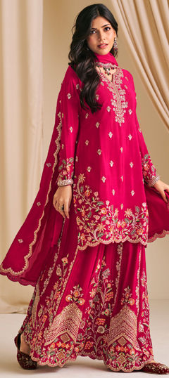 Pink and Majenta color Salwar Kameez in Chinon Silk fabric with Embroidered, Sequence, Stone, Thread work