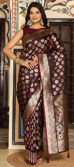Red and Maroon color Saree in Blended, Silk fabric with Weaving work