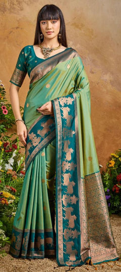 Green color Saree in Silk fabric with Weaving work