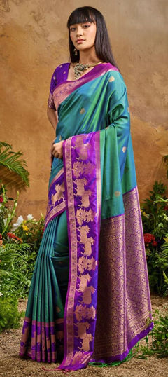 Green color Saree in Silk fabric with Weaving work