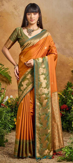 Beige and Brown color Saree in Silk fabric with Weaving work