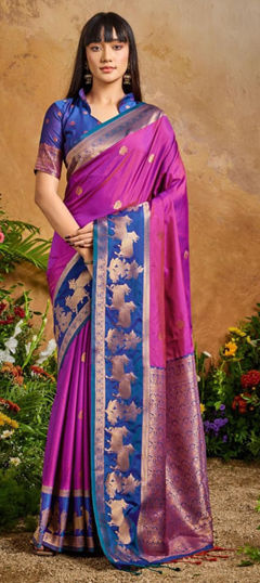Pink and Majenta color Saree in Silk fabric with Weaving work