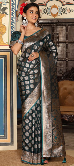 Green color Saree in Blended, Silk fabric with Weaving work