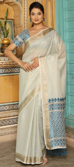 Blue color Saree in Linen fabric with Weaving work