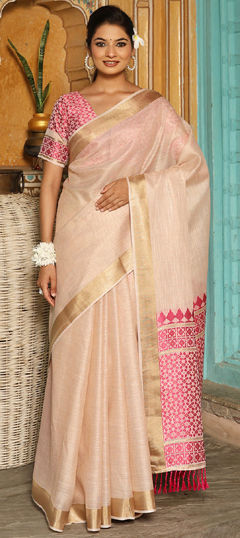 Pink and Majenta color Saree in Linen fabric with Weaving work