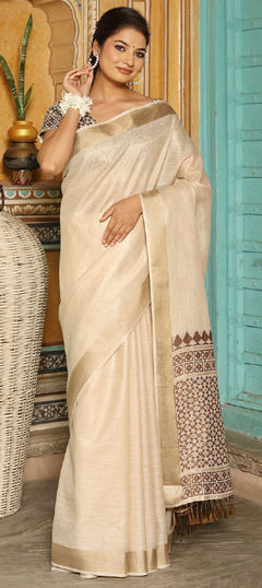 Beige and Brown color Saree in Linen fabric with Weaving work