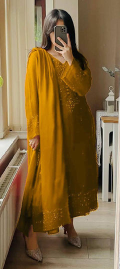 Yellow color Salwar Kameez in Georgette fabric with Embroidered, Sequence, Thread work