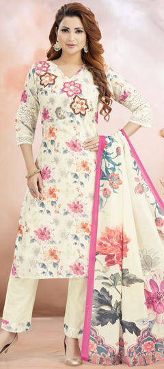 White and Off White color Salwar Kameez in Silk fabric with Embroidered, Floral, Printed work