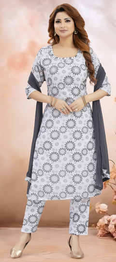 Black and Grey color Salwar Kameez in Silk fabric with Printed work