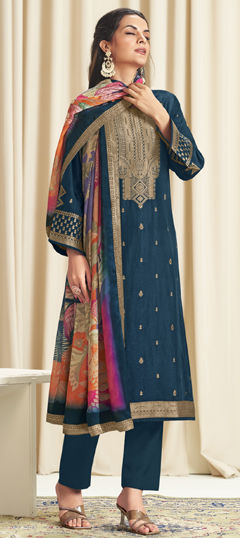 Blue color Salwar Kameez in Jacquard fabric with Weaving work