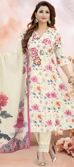 White and Off White color Salwar Kameez in Silk fabric with Embroidered, Floral, Printed work