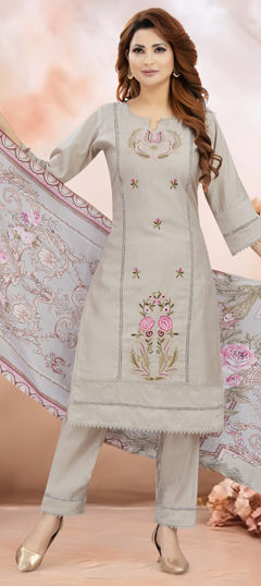 Beige and Brown color Salwar Kameez in Silk fabric with Embroidered, Lace work