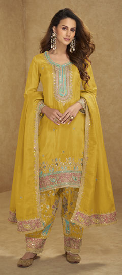 Yellow color Salwar Kameez in Silk fabric with Embroidered, Sequence, Thread, Zari work