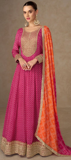 Pink and Majenta color Salwar Kameez in Chinon Silk fabric with Bandhej, Digital Print, Embroidered work